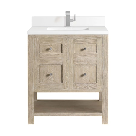 James Martin Vanities 30'' Single Vanity, Whitewashed Oak w/ Single Hole 3CM White Zeus Quartz Top & Backsplash 330-V30-WWO-1WZ